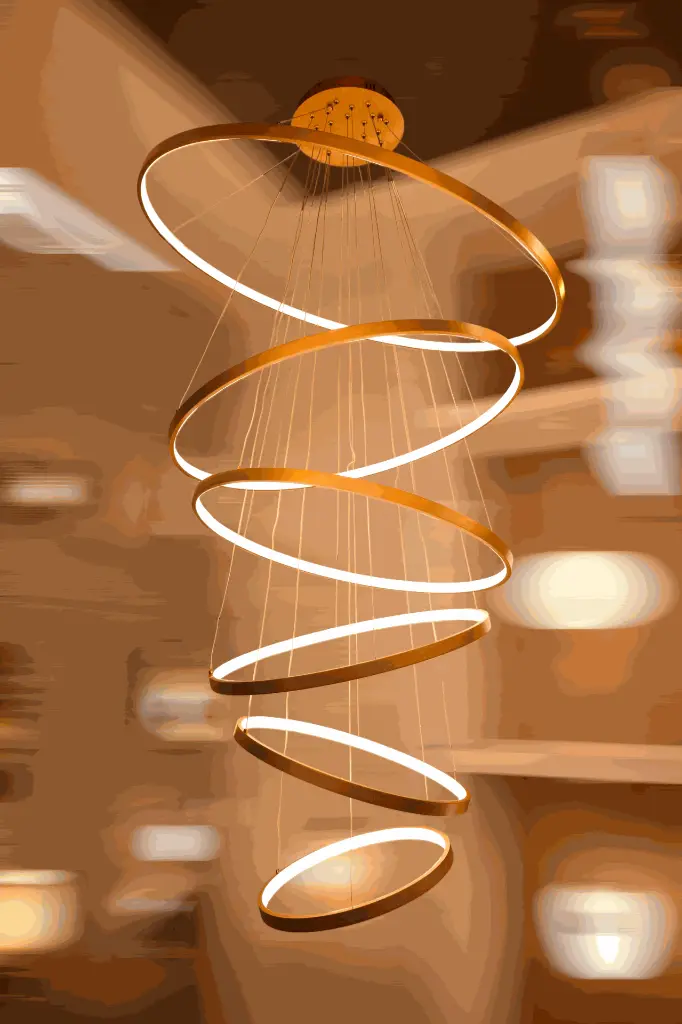 Floating orbit double height chandelier light zone